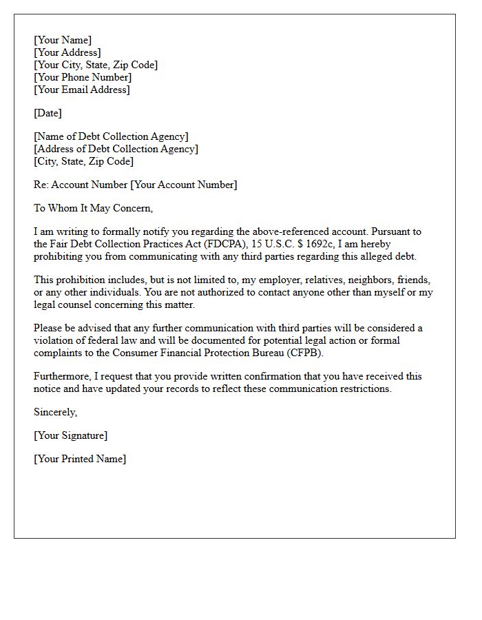 Debt Collector Acknowledgment Letter for Third-Party Communication Prohibition