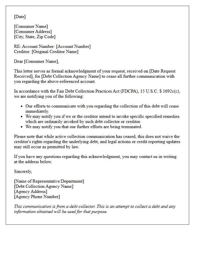 Fair Debt Collection Third-Party Cease and Desist Acknowledgment Letter