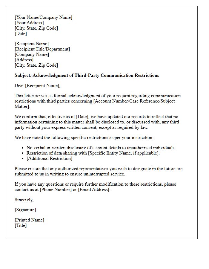 Letter of Acknowledgment for Third-Party Communication Restrictions