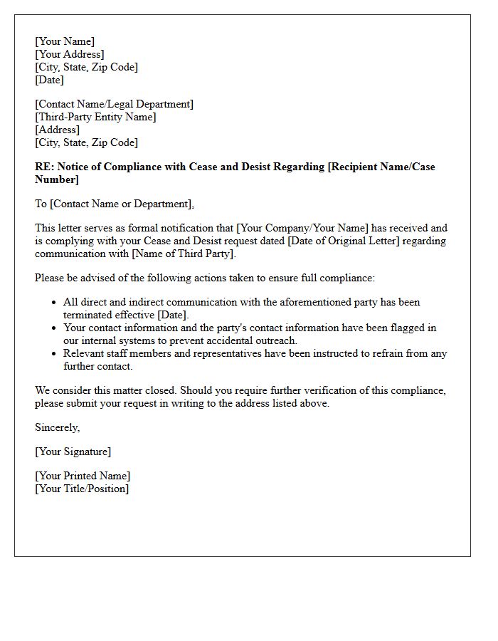 Letter of Compliance for Third-Party Communication Cease and Desist