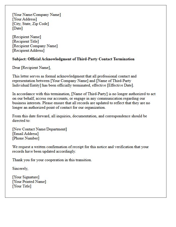 Official Acknowledgment Letter for Third-Party Contact Termination