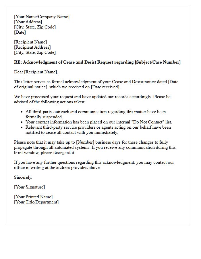 Third-Party Outreach Cease and Desist Acknowledgment Letter