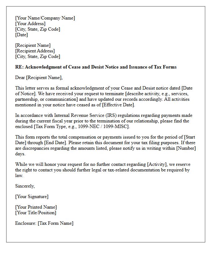 Cease and Desist Acknowledgment and Tax Form Issuance Letter