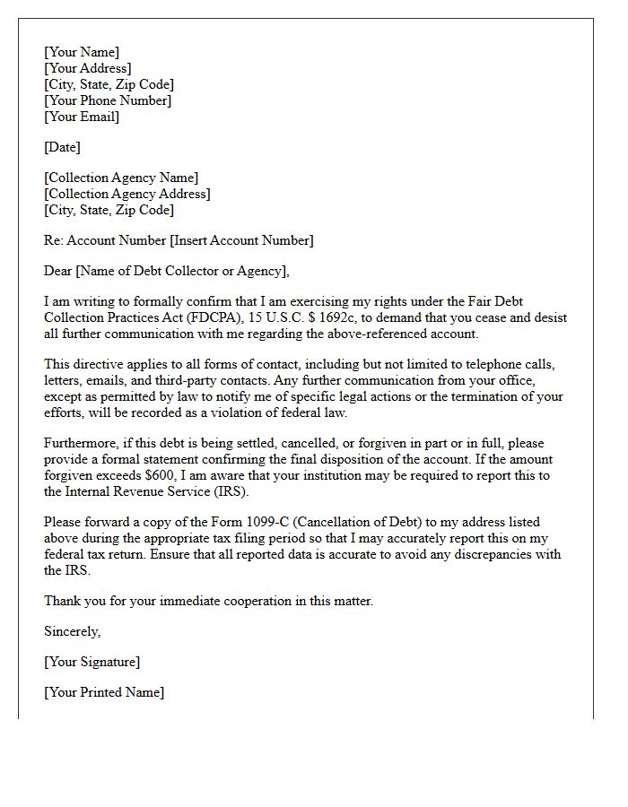 Debt Collection Cease and Desist Confirmation and Tax Reporting Letter