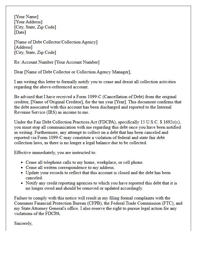 Notice of Collection Cease and Desist With Form 1099-C Letter