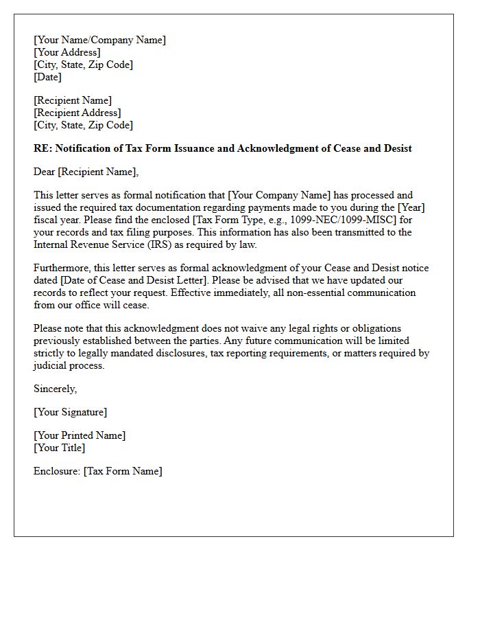 Tax Form Notification and Cease and Desist Acknowledgment Letter