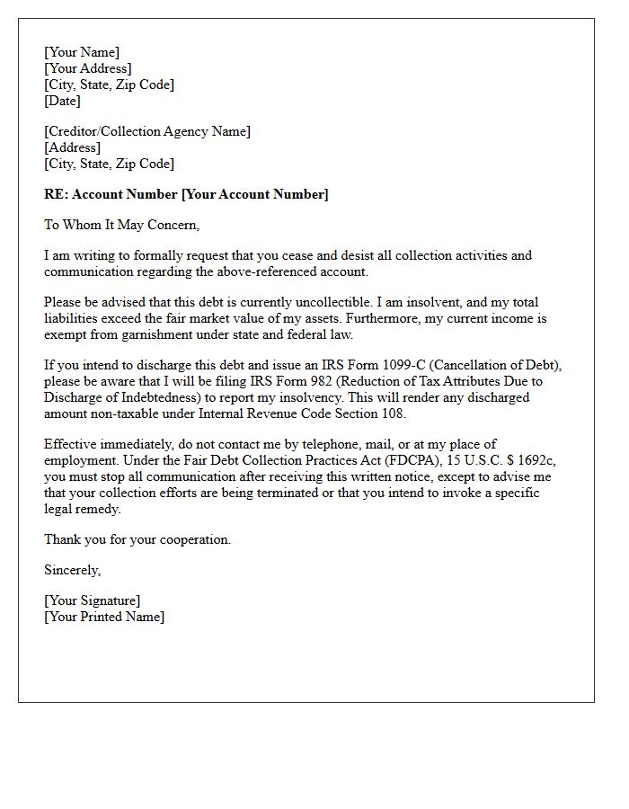 Uncollectible Debt Cease and Desist Tax Issuance Letter