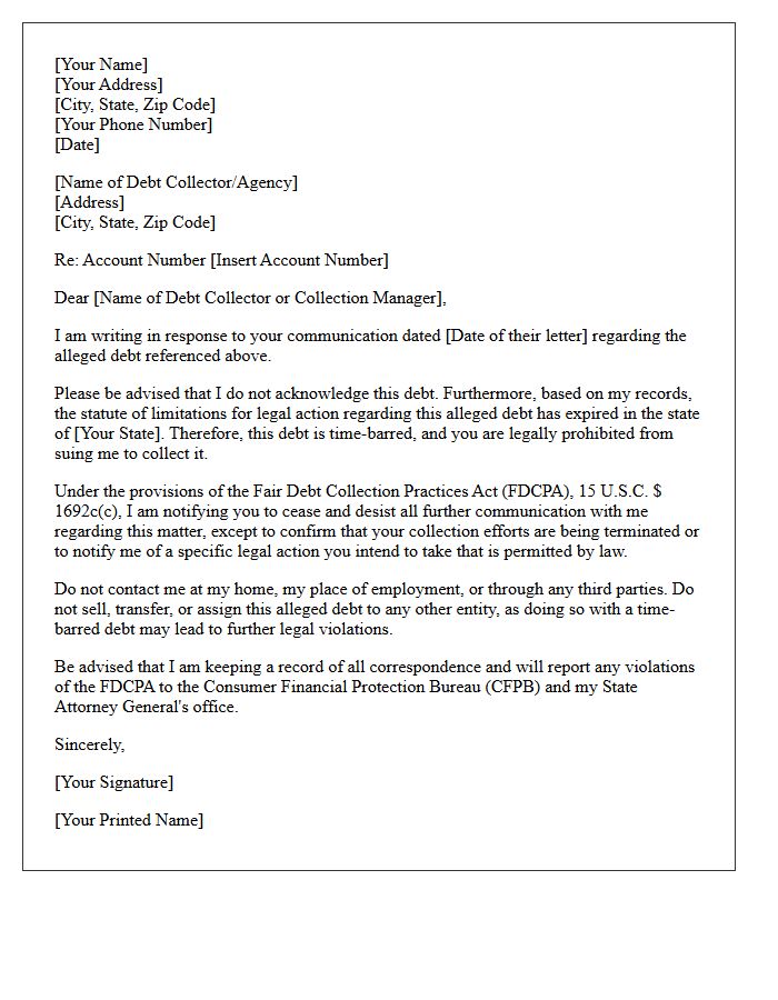Acknowledgment Letter for Time-Barred Debt Cease and Desist