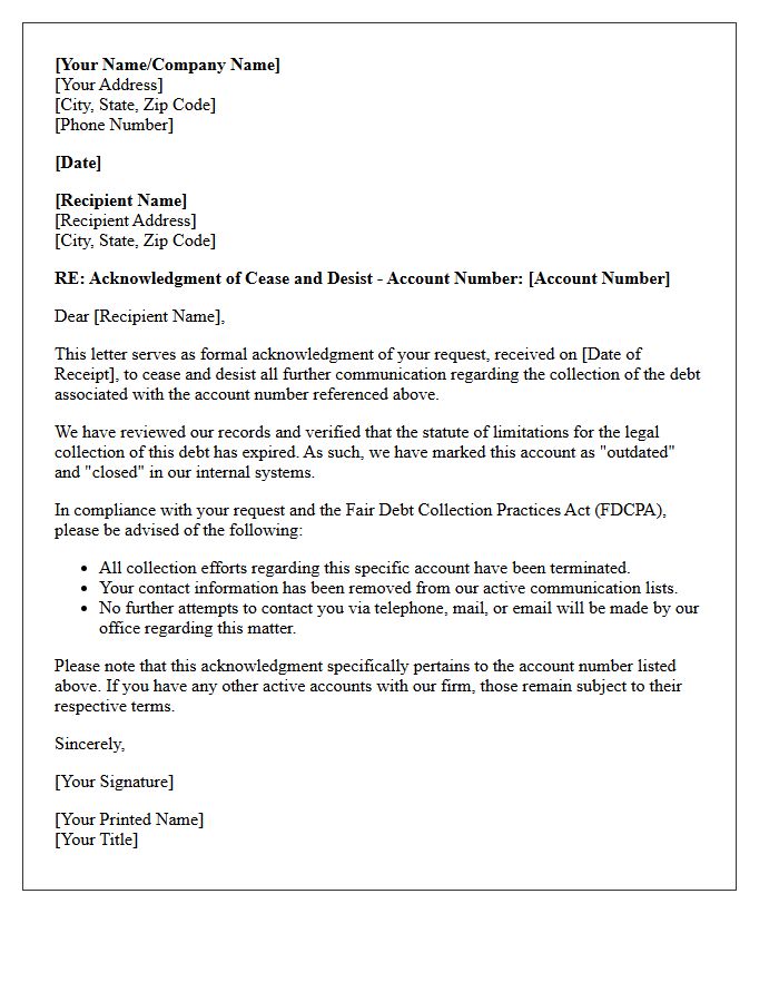 Cease and Desist Acknowledgment Letter for Outdated Debt