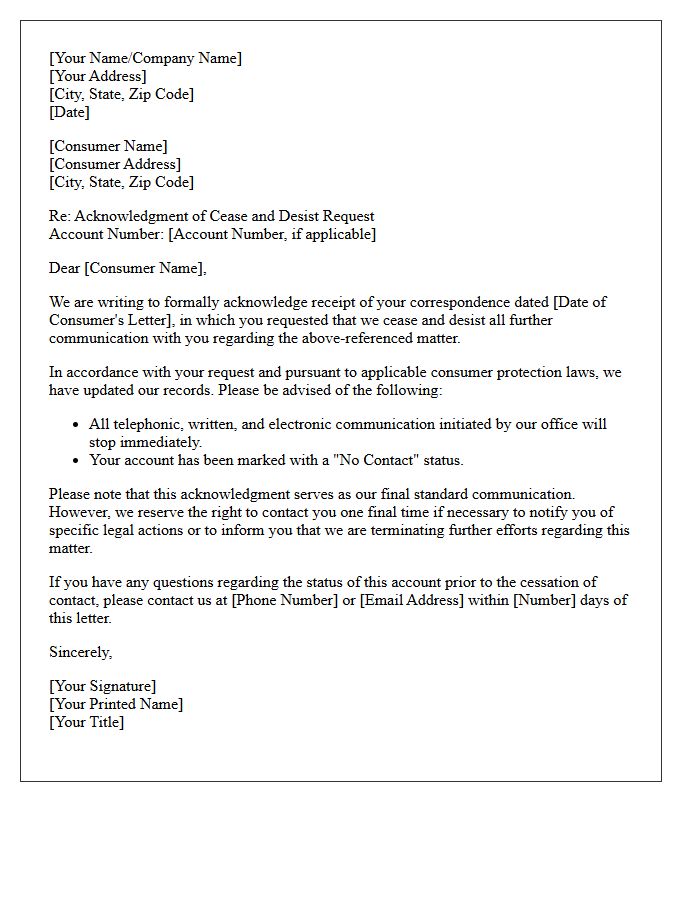 Consumer Cease and Desist Acknowledgment Letter