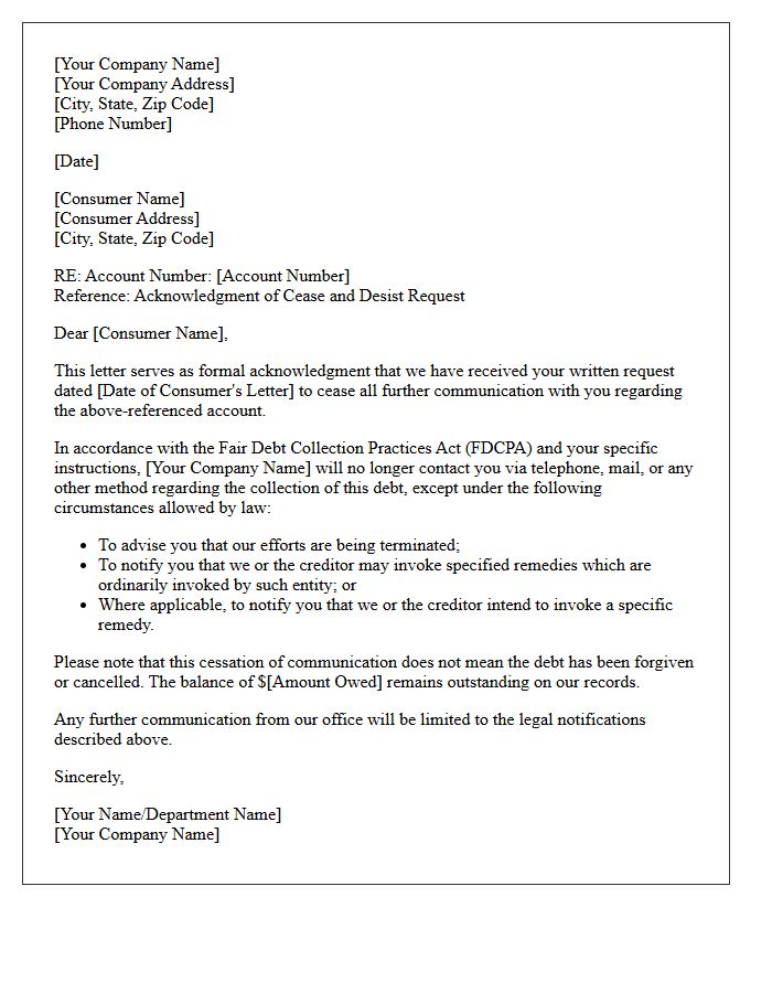 Debt Collection Cease and Desist Acknowledgment Letter