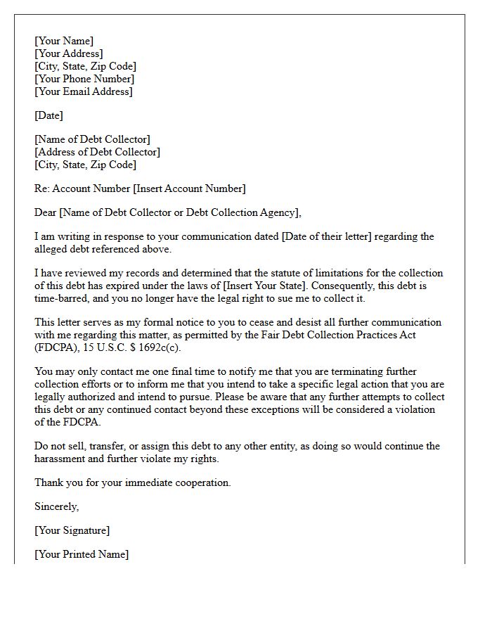 Letter of Acknowledgment for Time-Barred Debt Cease and Desist
