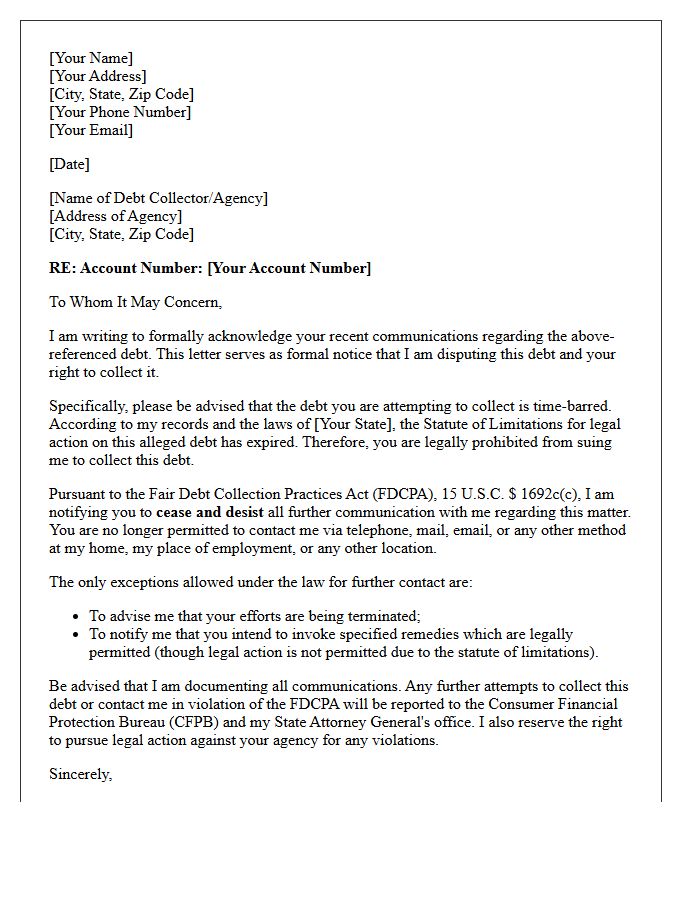 Statute of Limitations Cease and Desist Acknowledgment Letter