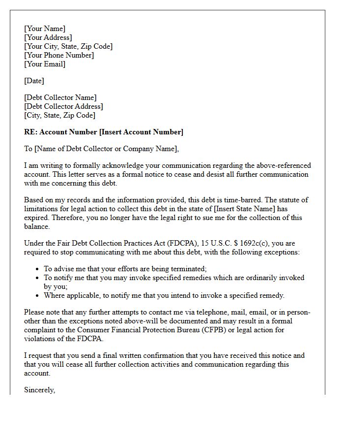 Time-Barred Account Cease and Desist Confirmation Letter