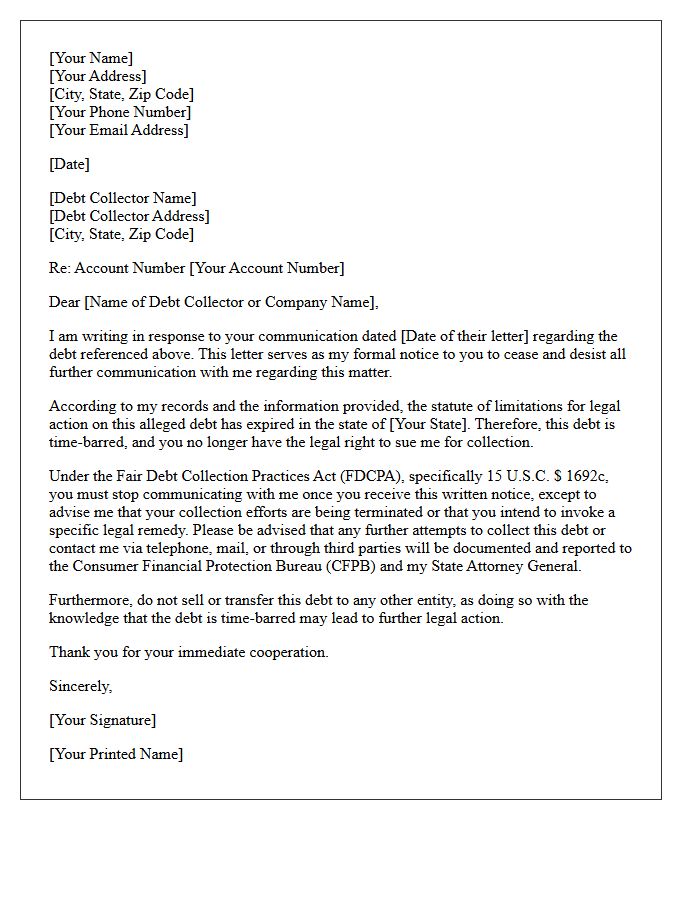 Time-Barred Debt Cease and Desist Acknowledgment Letter