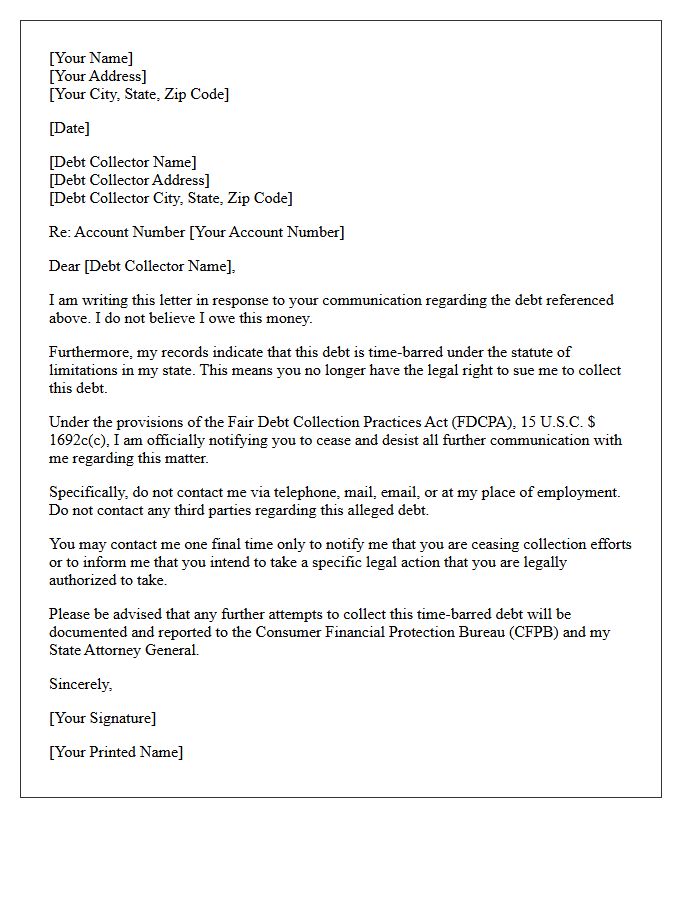Uncollectible Time-Barred Debt Cease and Desist Letter