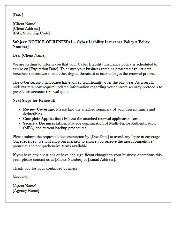 Agency Cyber Liability Policy Renewal Letter