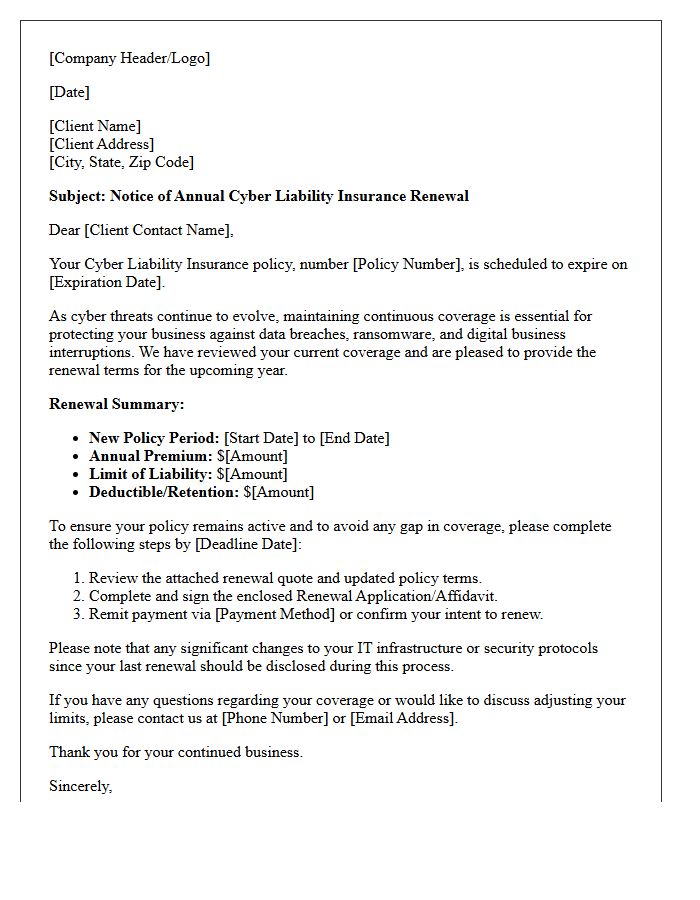 Annual Cyber Liability Policy Renewal Letter