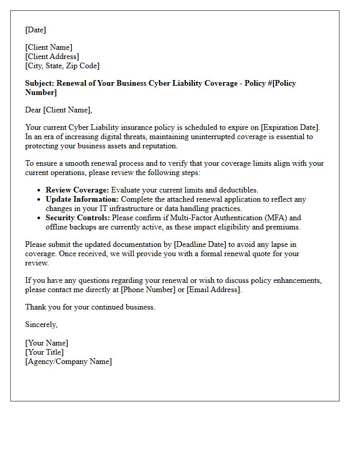 Business Cyber Liability Coverage Renewal Letter