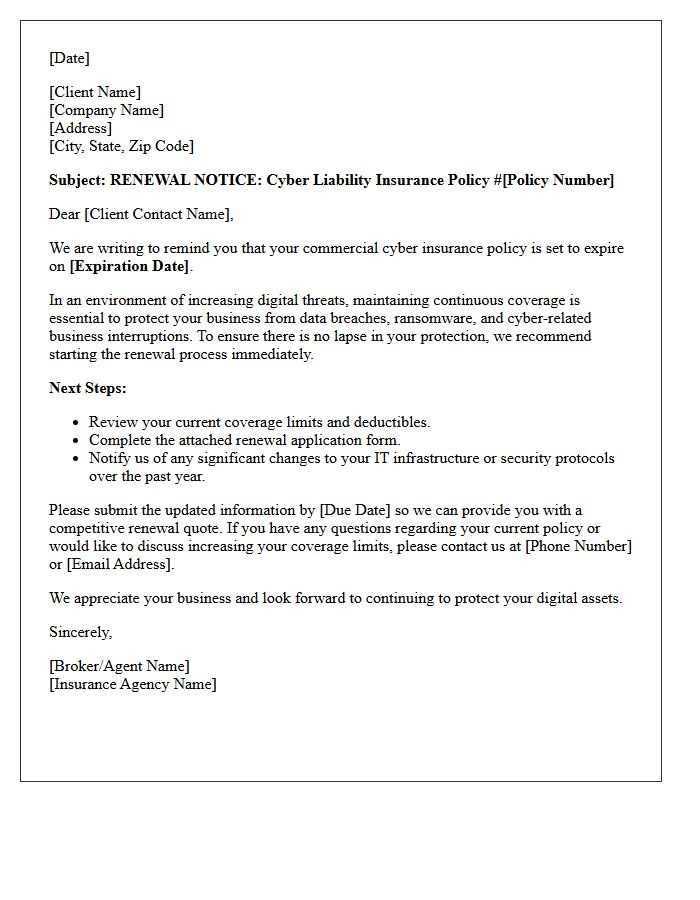 Commercial Cyber Insurance Renewal Reminder Letter