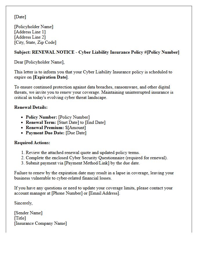 Cyber Liability Insurance Renewal Notice Letter