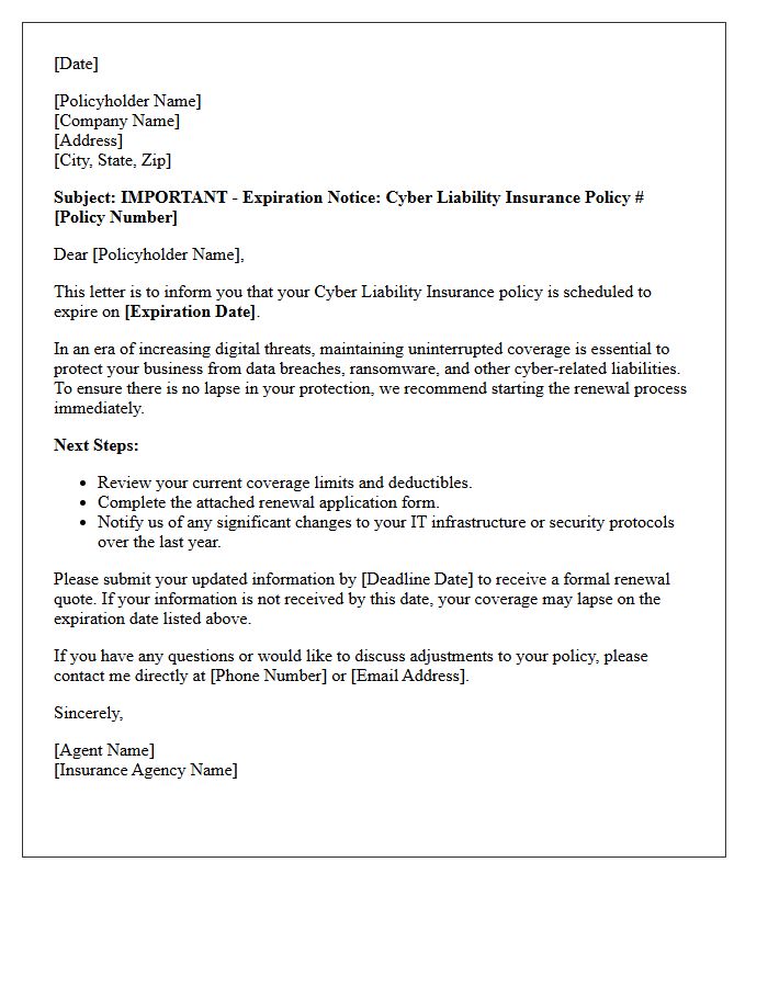 Expiring Cyber Liability Insurance Renewal Letter