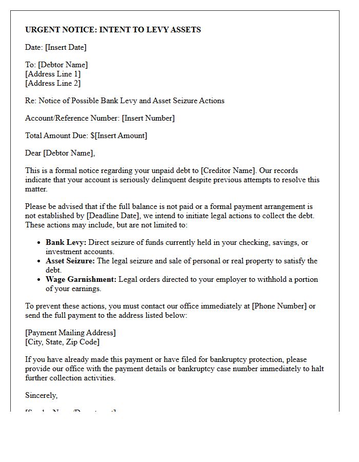 Notice of Possible Bank Levy and Asset Seizure Actions