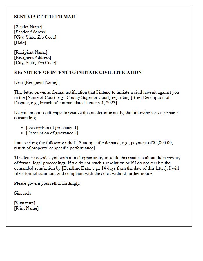 Notification of the Intent to Initiate Civil Litigation