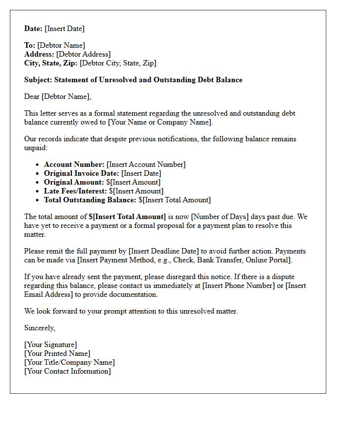 Statement of the Unresolved and Outstanding Debt Balance