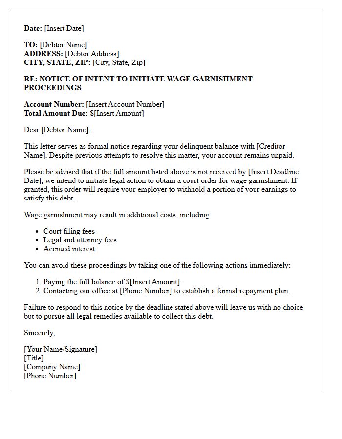Warning of Potential Wage Garnishment Proceedings