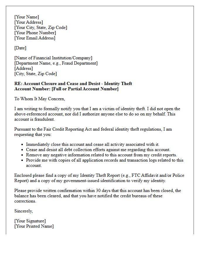 Account Closure and Cease and Desist Acknowledgment Letter for Identity Theft