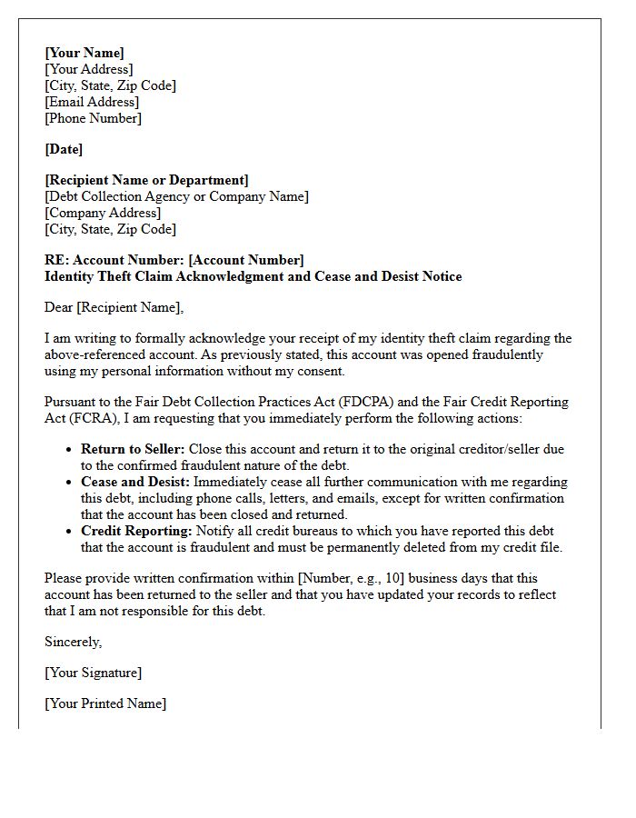 Account Return to Seller and Cease and Desist Acknowledgment Letter for Identity Theft Claim