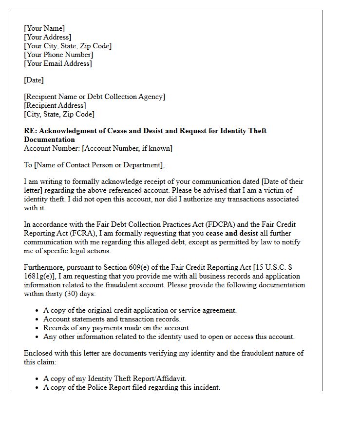Cease and Desist Acknowledgment and Identity Theft Documentation Request Letter