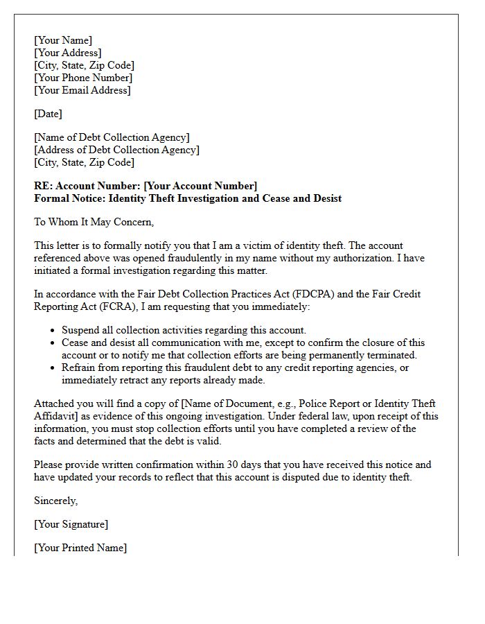 Collection Suspension and Cease and Desist Acknowledgment Letter Pending Identity Theft Investigation