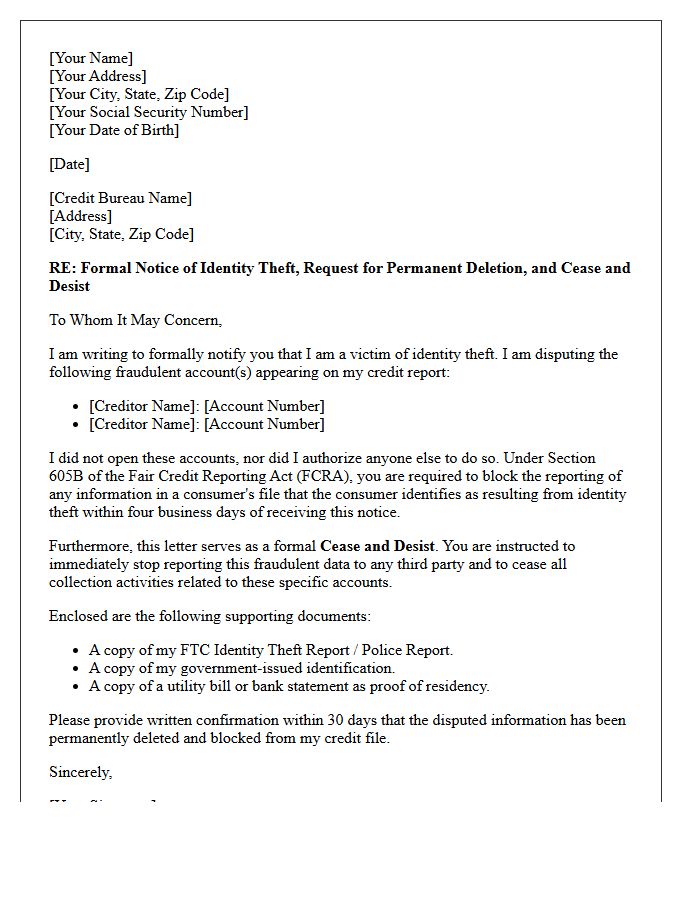 Credit Bureau Deletion and Cease and Desist Acknowledgment Letter for Identity Theft