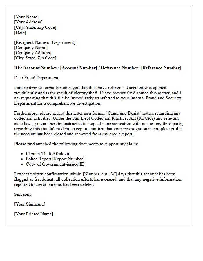 Fraud Department Transfer and Cease and Desist Acknowledgment Letter