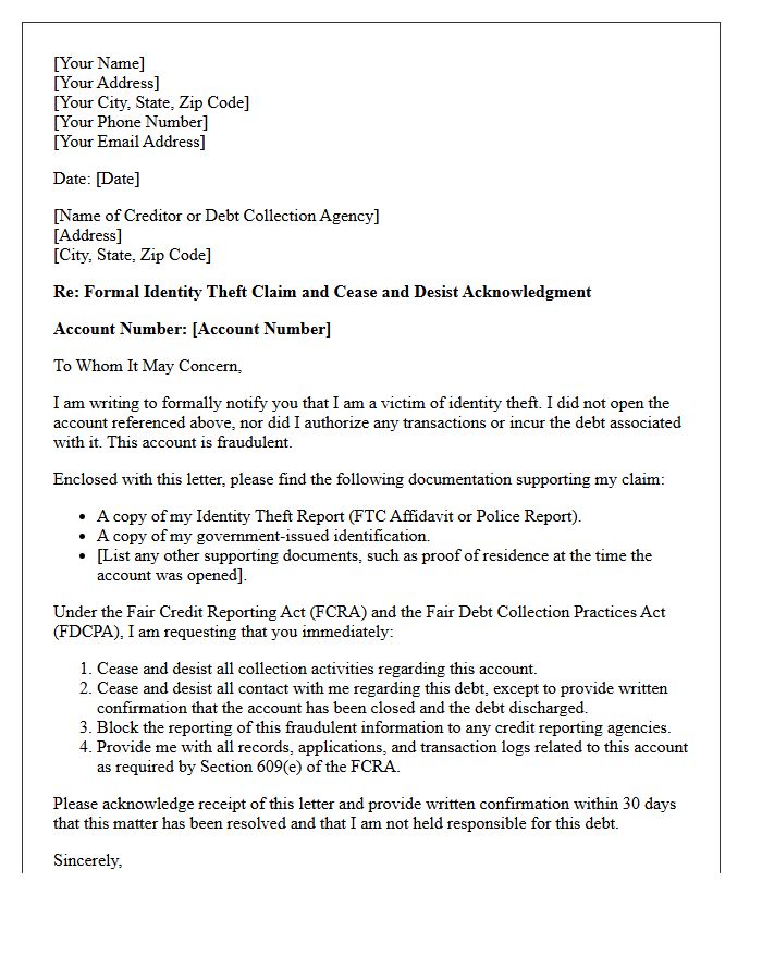 Identity Theft Claim and Cease and Desist Acknowledgment Letter