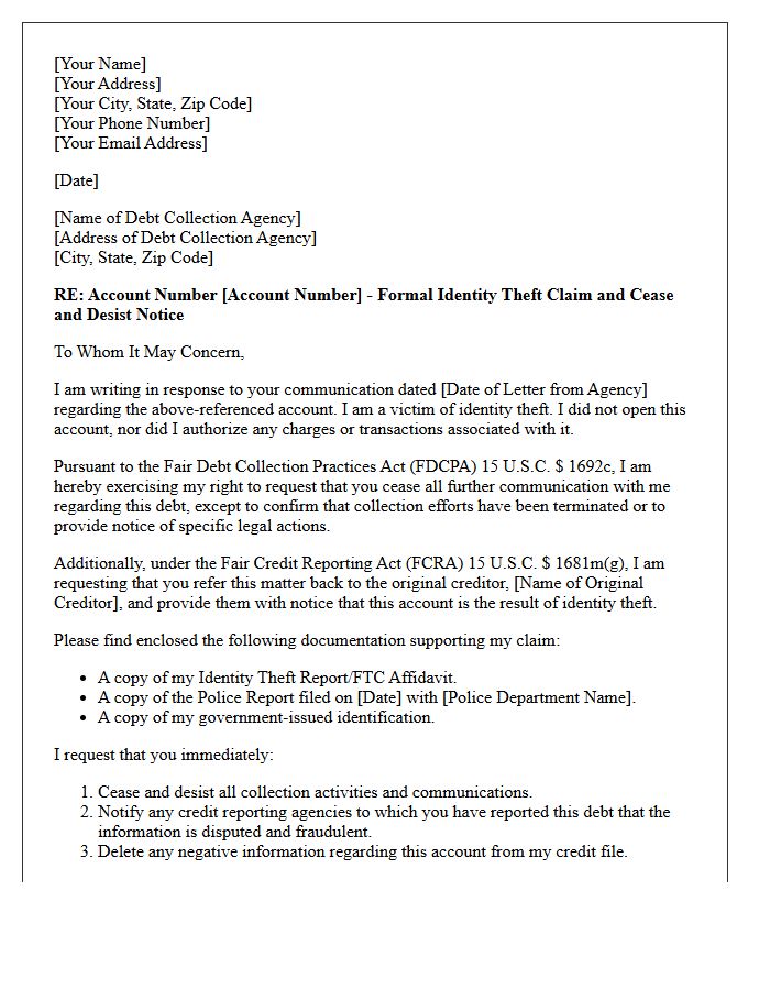 Original Creditor Referral and Cease and Desist Acknowledgment Letter for Identity Theft Claim
