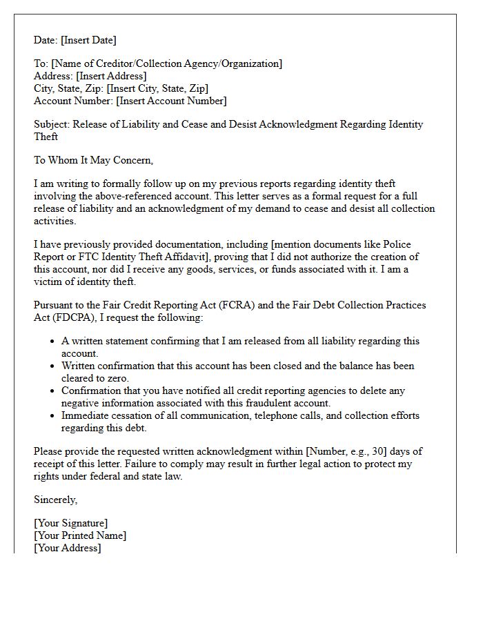 Release of Liability and Cease and Desist Acknowledgment Letter for Identity Theft