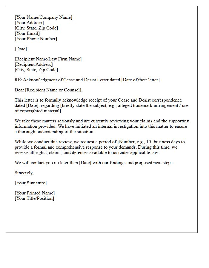 Acknowledgment of Cease and Desist Request