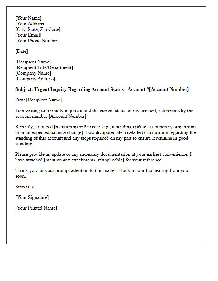 Formal Letter Subject Line Regarding Account Status