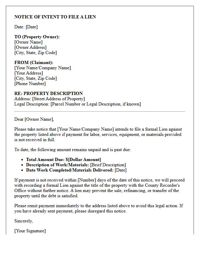 Notice of Intent Regarding Property Lien Placement