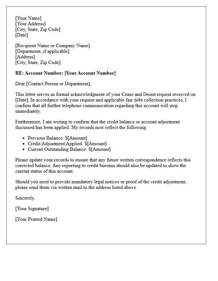 Account Credit Update and Cease and Desist Acknowledgment Letter