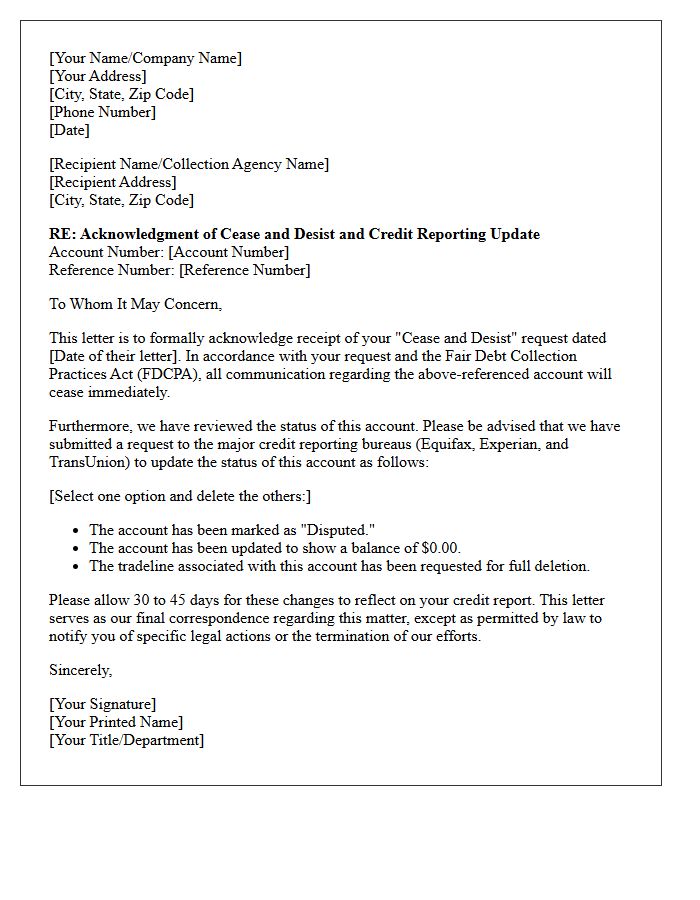 Cease and Desist Acknowledgment and Credit Reporting Update Letter