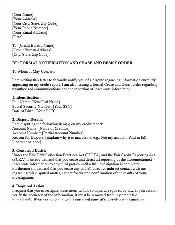 Consumer Credit Bureau Notification and Cease and Desist Letter