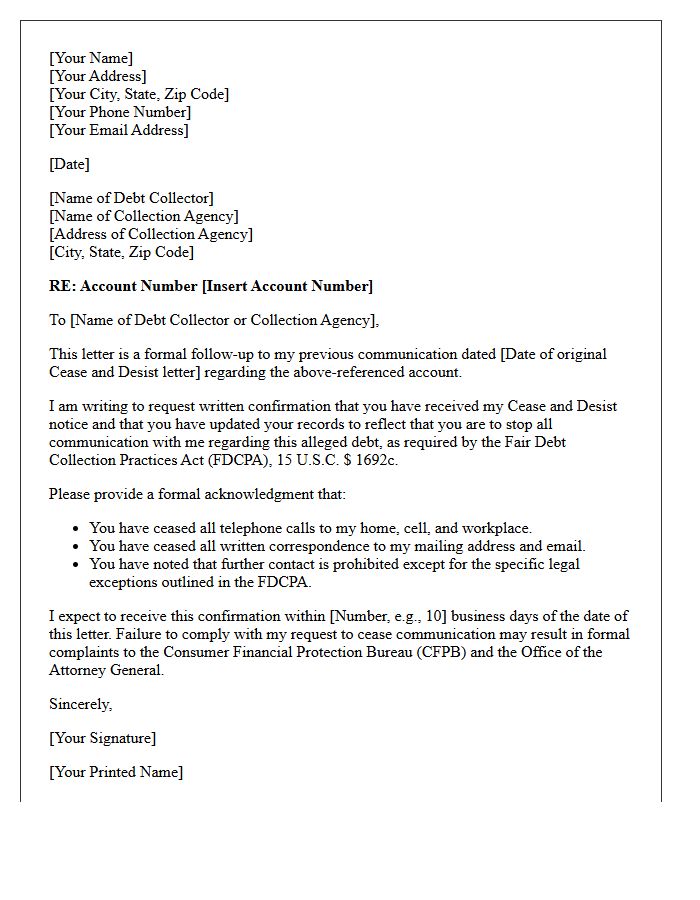 Debt Collection Cease and Desist Confirmation Letter