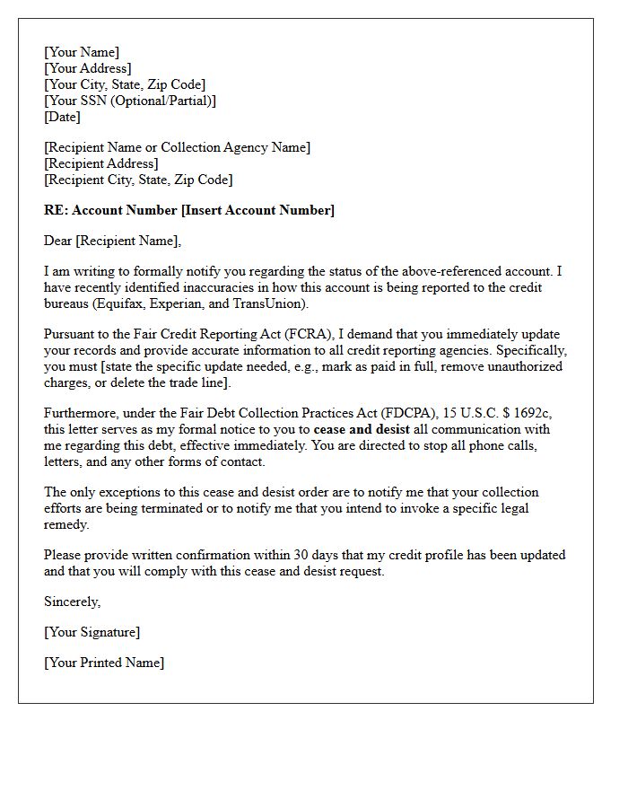 Notification Letter for Credit Bureau Update and Cease and Desist