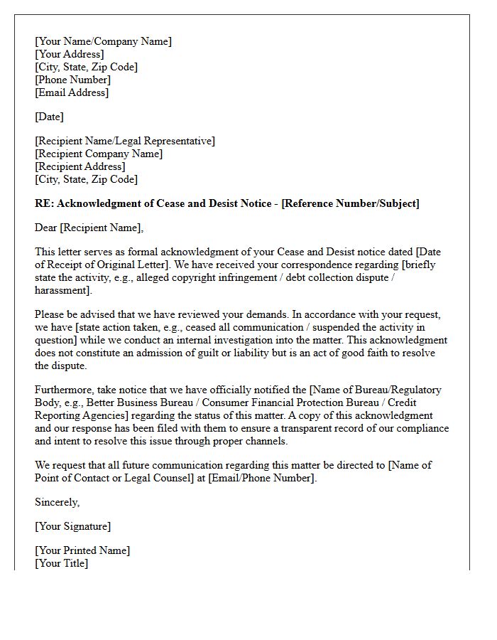 Official Letter of Cease and Desist Acknowledgment and Bureau Notification