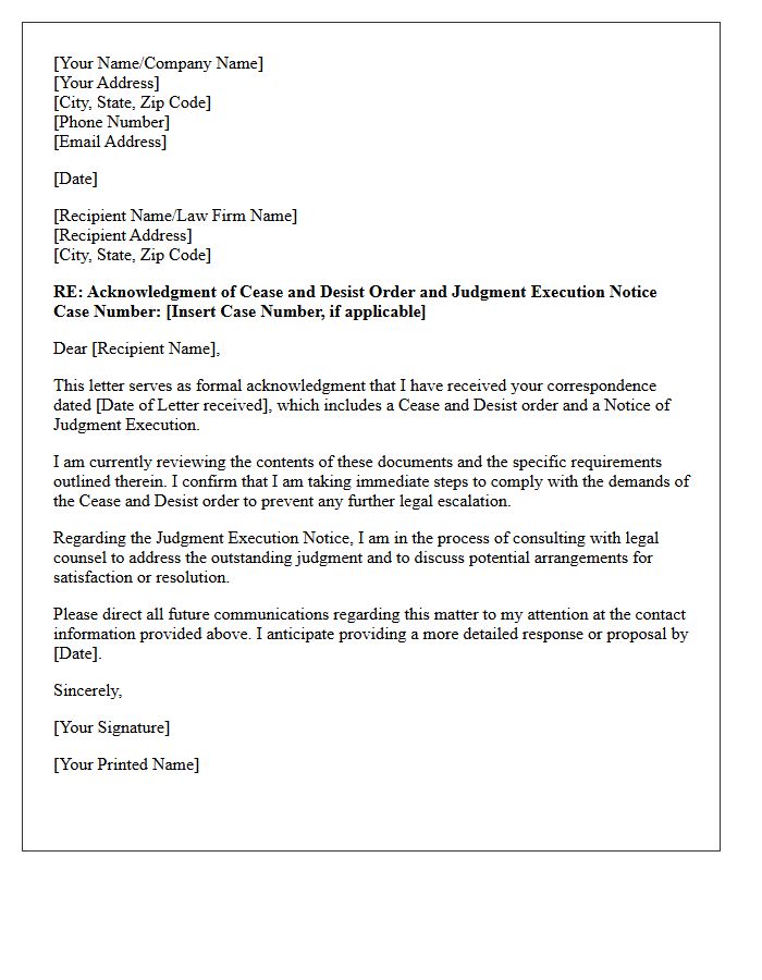 Acknowledgment Letter For Cease And Desist Accompanied By Judgment Execution Notice