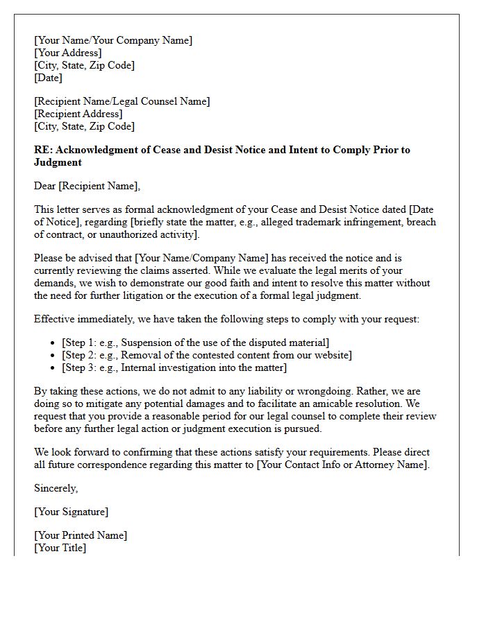 Cease And Desist Acknowledgment Letter Prior To Legal Judgment Execution